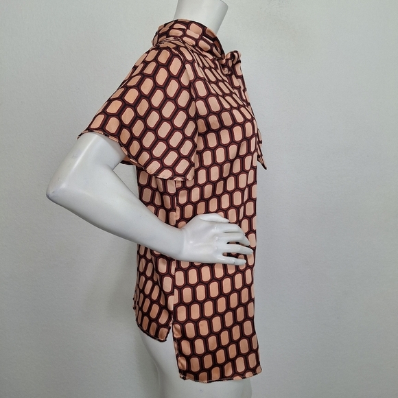 Zara Preppy Geometric Print Silky Business Casual High Neck Bow Tie Blouse Sz.S - Picture 7 of 10